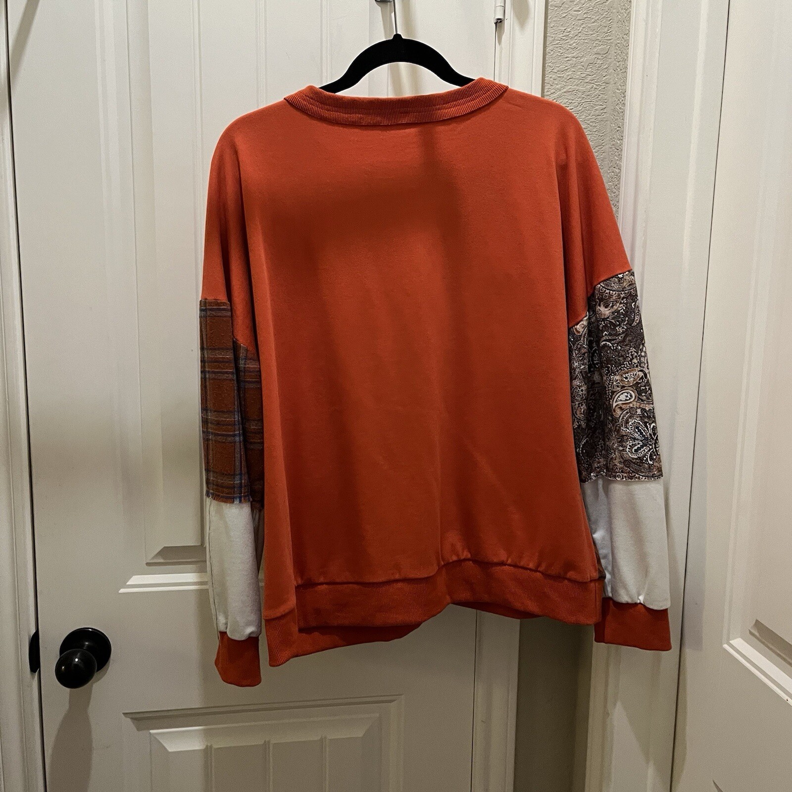 Womens Patchwork Mixed Print Orange Fall Pullover… - image 7