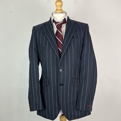 Charles Tyrwhitt Blazer Jacke Herren 38 L dunkelblau gestreift Leinen Business Sommer