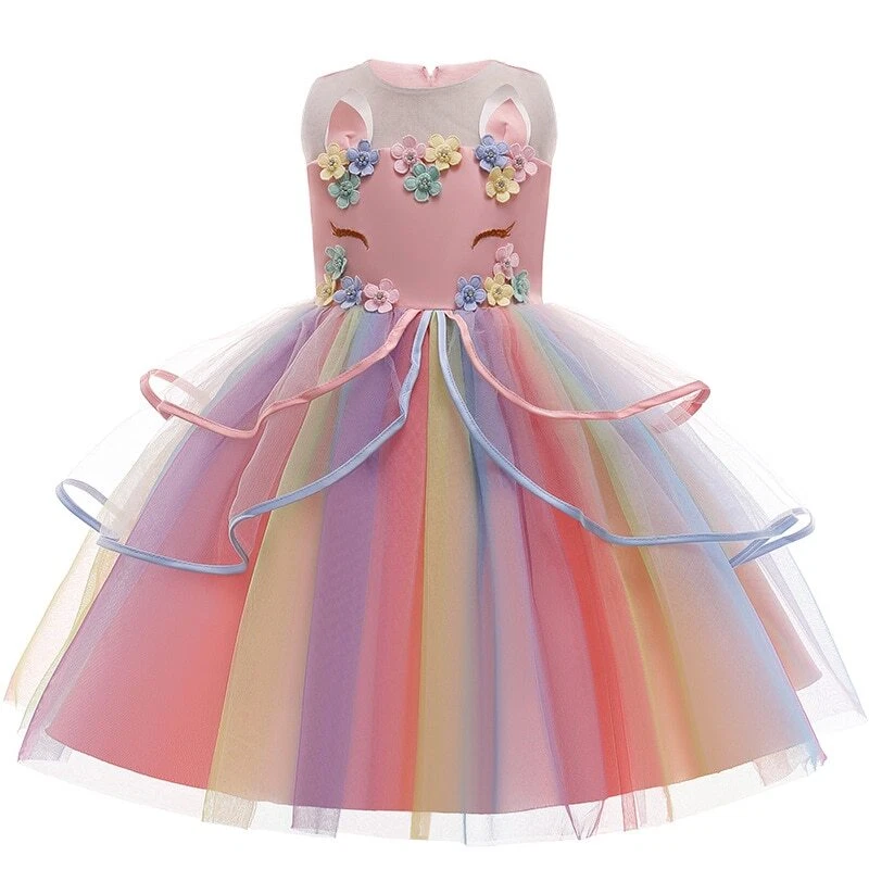 Niñas Vestido Unicornio Pastel Arco Iris Princesa Vestido Unicornio Realizar Disfraz Foto 3 de 4