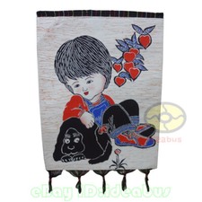 Chinese Folk Art Home Decor Wall Hanging Handmade Batik Tapestry - Girl and Dog
