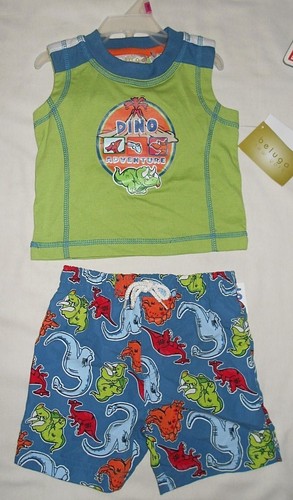 Boy Baby Toddlers 2 Piece Top Shorts Set Green Blue Print Size 18 Months Summer