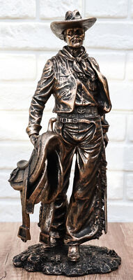 Old World Rustic Western Cowboy Holding Horse Saddle and Rifle Gun Statue 12''H