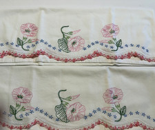 ONE PAIR VINTAGE HAND EMBROIDERED/CROCHET EDGE PILLOWCASES..ECU..30" X 21"