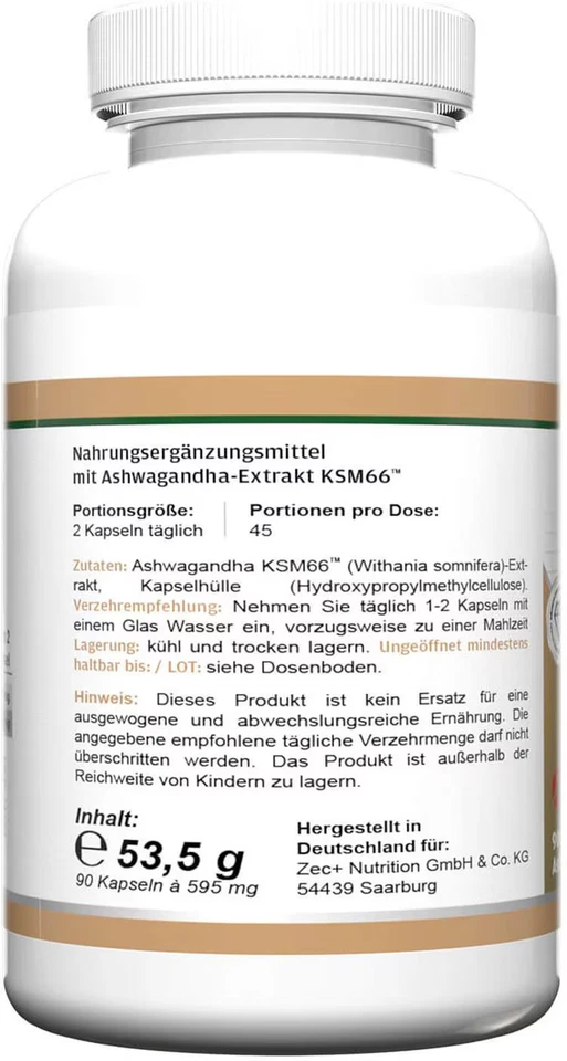 ZEC+ Health+ Ashwagandha (mit KSM-66), 90 Kapseln Dose - Bild 3 von 4