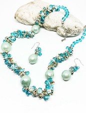 Turquoise Blue Green Necklace earrings set, Real Pearls and crystals