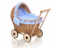 Wicker Doll Pram Pushchair Blue Bedding Soft Lining Natural Handmade
