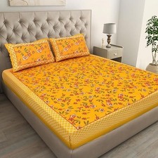 BOHOBAZARINDIA 100 Cotton Double Bedsheet Set YellowJaipuri Print with 2 Pillow