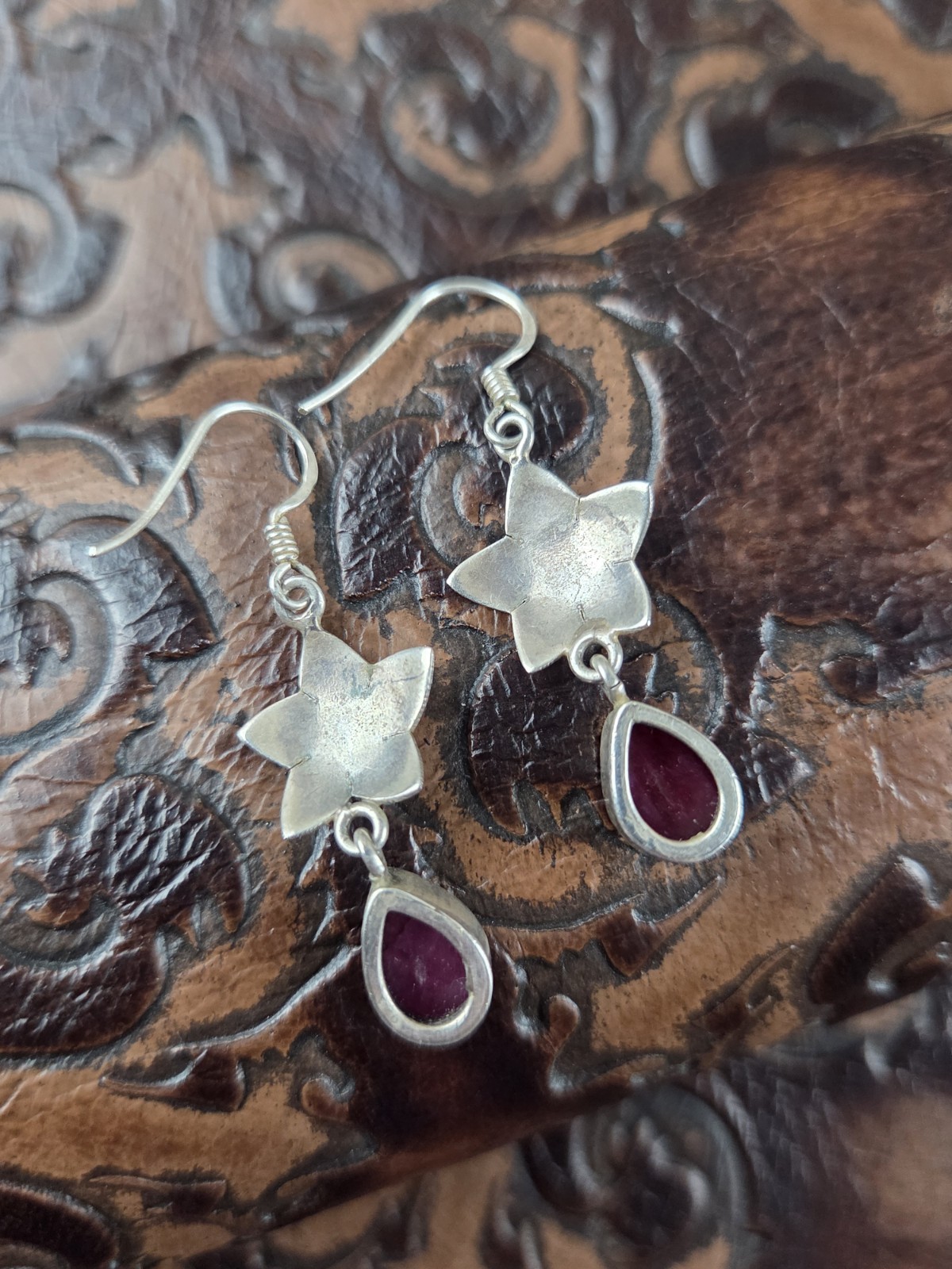 Artisan Handcrafted Ruby Star Teardrop Dangle Ear… - image 2