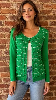 Anthropologie Sparrow Green Scalloped Long Sleeve Snap Closure Spring Sweater L