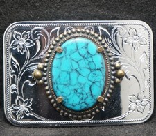 XE01159 NOS VINTAGE 1970s TURQUOISE STONE FLORAL UNISEX FASHION BELT BUCKLE