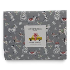 Cynthia Rowley Christmas Dog Queen Sheet Set Holiday Microfiber NEW