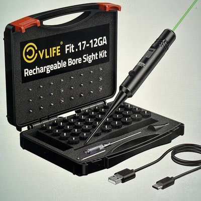 Rechargeable Bore Sight Laser Kit, 64 Adapters, Green Laser, 0.17-12GA Caliber
