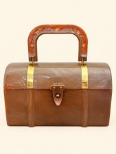 1950s 1960s Vintage Brown Marbled Lucite Box Handbag Carved Handle