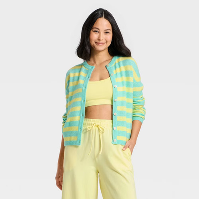 #ad Women#x27;s Button Up Cardigan Sweater JoyLab Aqua Blue Yellow Stripe M $19.99