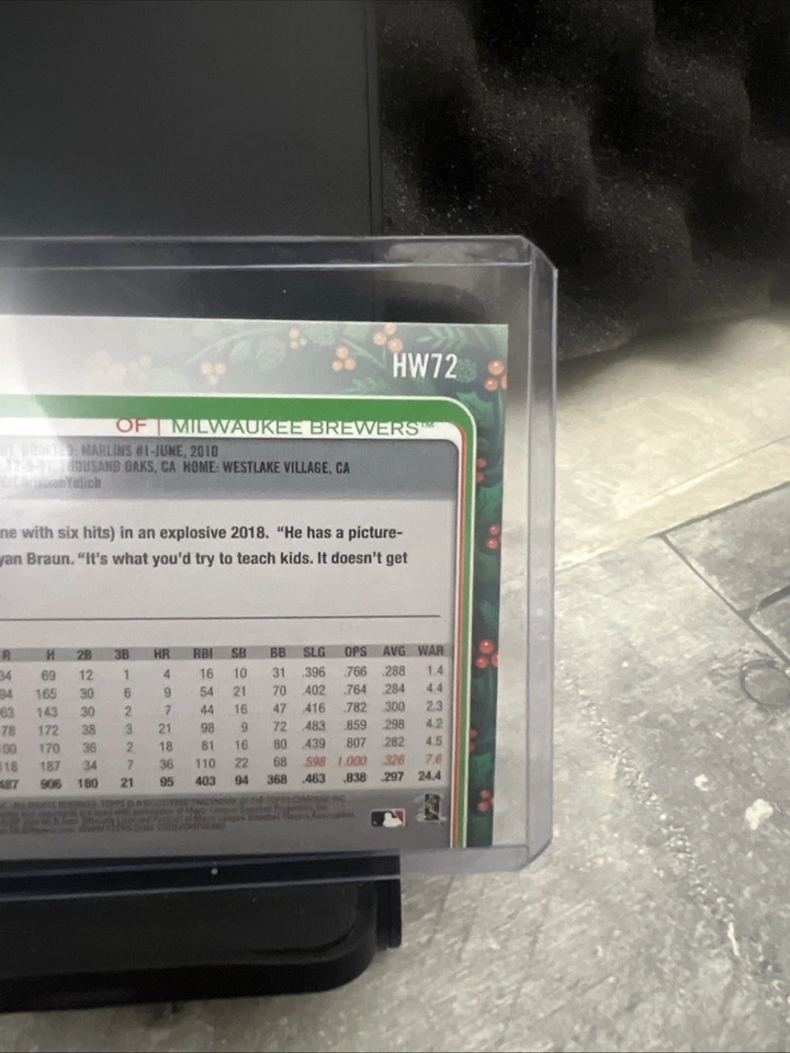 2019 Topps Holiday - SP Variation Christian Yelich #HW72 Candy Cane Bat - Image 4 of 4