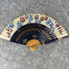 Antique Spanish Linen And Wood Hand Painted Fan Blue Floral