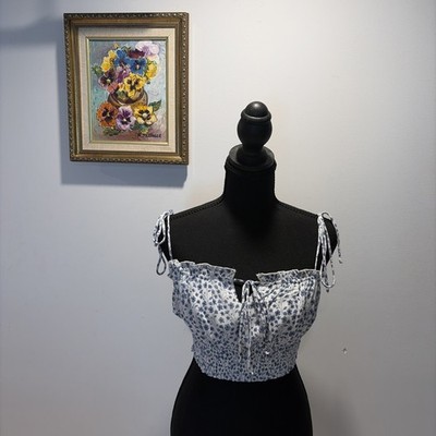 Floral Smocked Crop Top Tie Strap Milkmaid Blue White Coquette Romantic Cottage