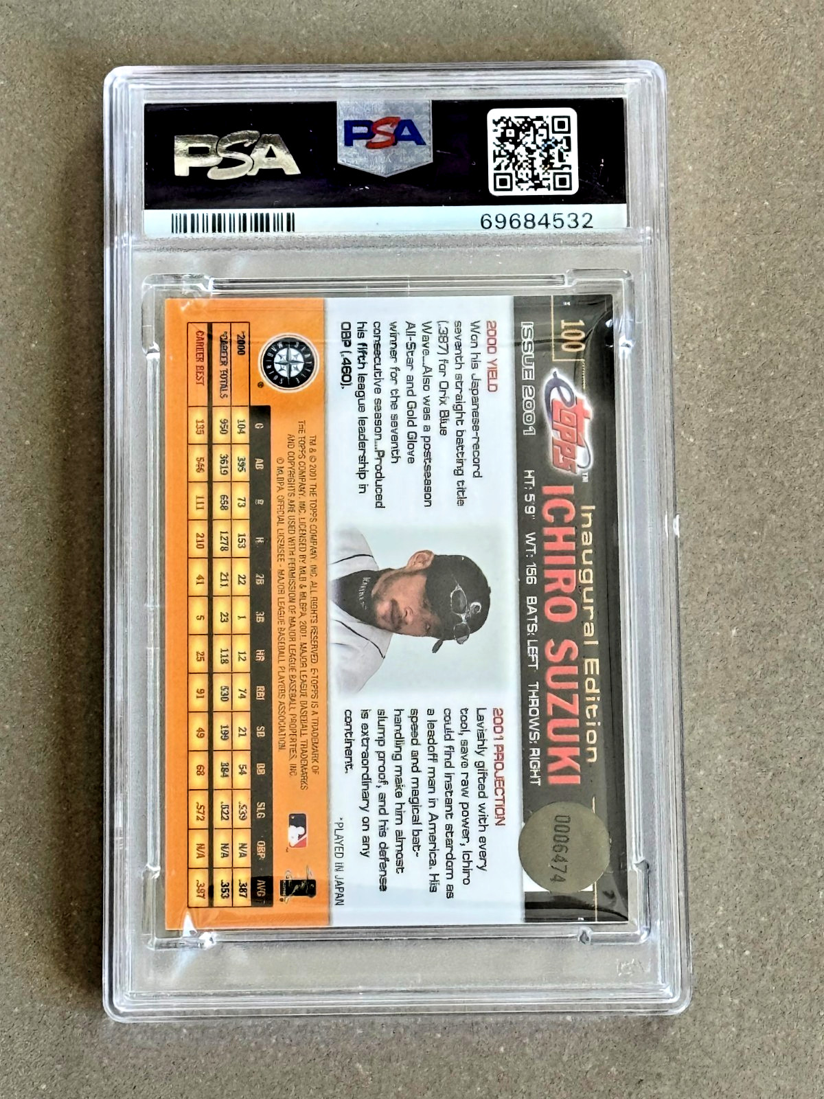 Ichiro Suzuki (RC) -- 2001 eTopps #100 (PSA 9) -- Mariner's Legend + HOFer view 2