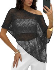 Women Sheer Poncho Shrug Mesh Crochet Cover Up Black