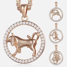Rose Gold Plated Zodiac Sign Constellation Pendant Necklace Paved Rhinestones
