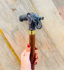 Elephant walking cane Hand carved handle and staff Hiking stick Wood cane Style