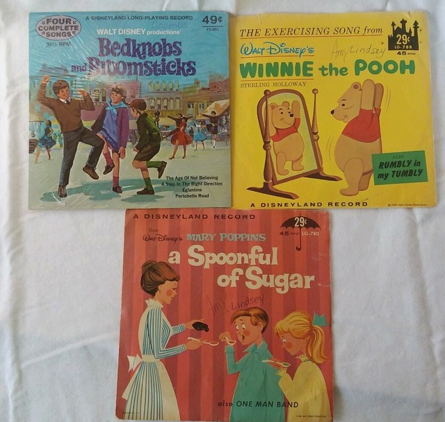 3 Walt Disney childrens records Pooh, Mary Poppins, Bedknobs and