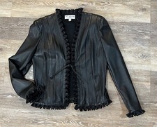 St John Collection Sz 6 Genuine Leather Black Ruffled s Butter Soft Jacket ITALY