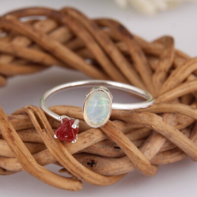 Authentic Ruby And Opal Gemstone Ring Sterling Silver Engagement Gift For Her