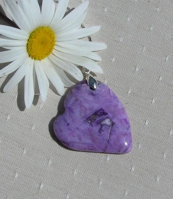 SALE Purple Bamboo Agate Gemstone Heart Pendant with Silver Plated Chain - Image 1 of 4