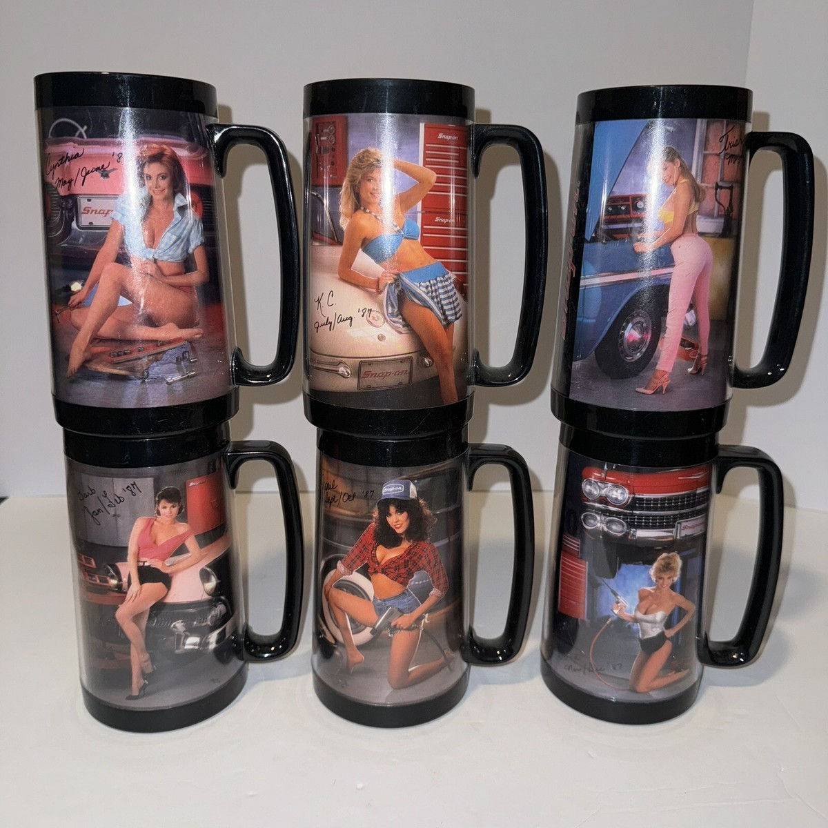 Snap On Tools 6 Thermo Beer/Coffee Mugs 1987 Pin-Up Girls Cups