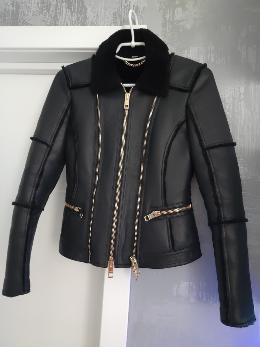 BURBERRY LONDON ブラック ジャケット サイズ36 Burberry London Black Lamb Shearling Leather Bomber Zip