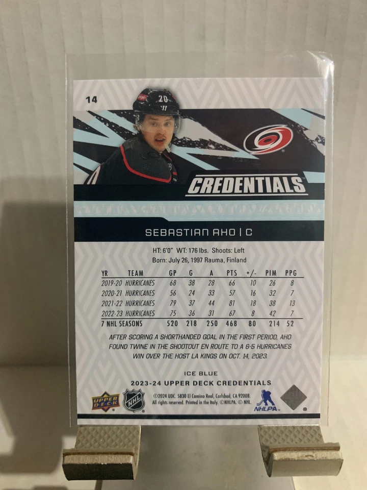 2023-24 Upper Deck Credentials Ice Blue Sebastian Aho #14 Carolina Hurricanes - Image 2 of 2