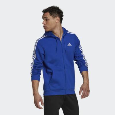 adidas Men's Essentials Fleece 3-Stripes Full-Zip Hoodie HE4427 | eBay