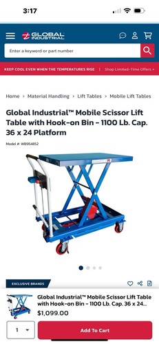 Mobile Scissor Lift Table with Hook-on Bin 29 x 19 Platform 550 lbs Capacity
