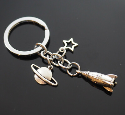 Rocket Spaceship Star Planet Saturn Pendant Charms Silver Color Keychain 