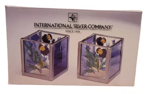New International Silver Company Pansy Votive Pair Real Pressed Flowers