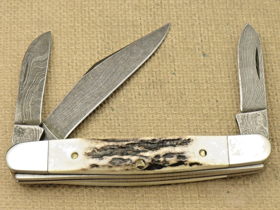 Винтажный PARKER EDWARDS США Stockman нож - Дамаск лезвия - изящный олень ручки - Изображение 3 из 4