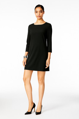 Eileen Fisher Black SP Stretch Slinky 3/4 Sleeve Flare Dress Witchy Goblincore