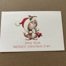 Vintage Christmas Card Cat In A Santa Claus Hat 1980’s Kitch Cute Animals