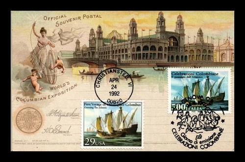 US MAXI CARD COLUMBUS FIRST VOYAGE FIRST DAY ISSUE ITALY JOINT ISSUE DUAL CANCEL
