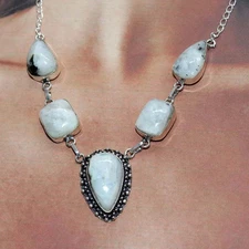 925 Silver Plated Stunning Rainbow Moonstone Necklace 17" Christmas Gift GW
