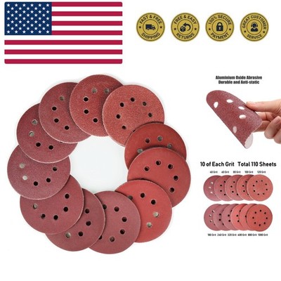 110 PCS 5 Inch 8 Hole Sanding Disc, 40 60 80 100 120 180 240 320 400 800 1000...