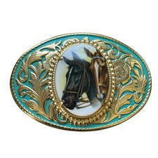 Western Style Horse Belt Buckle Turquoise Color with Gold-toned Scrollwork