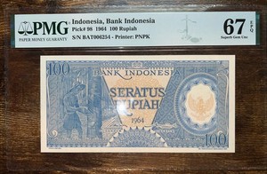 Indonesia 1964 100 Rupiah, Pick 98, PMG Grade 67 Superb Gem UNC, EPQ
