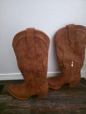 Women’s Brown Faux Leather Western Boots Pointed Toe Side Zip Embroidered 6