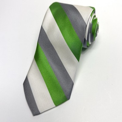 Paul Frederick Silk Tie Green Gray White Striped Made In Italy Repp Texture 60 .