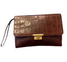 Vintage Fossil Leather Embossed Large Clutch Wristlet Handbag Brown Classic Chic