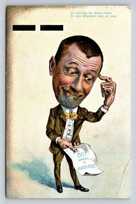 Vintage French Caricature Postcard - Humorous Marriage Dowry - Edwardian Era