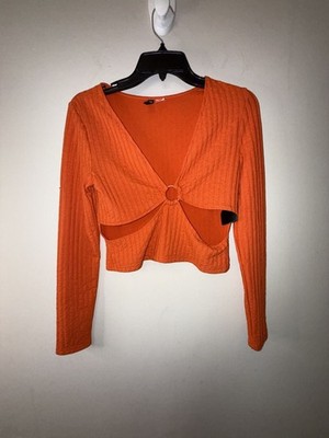 H&M DIVIDED Orange Ribbed Long Sleeve O-Ring Cutout Crop Top