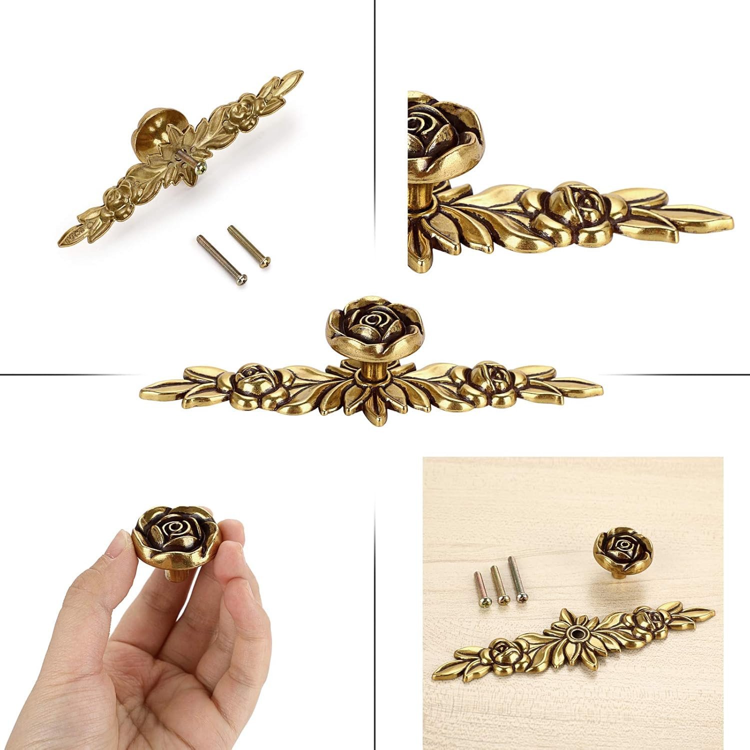 Pack of 5 Euro Rose Cabinet Knobs with Backplates – Ivory Floral Drawer Pulls, D